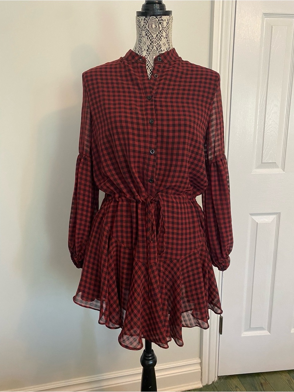 Vici Red and Black Plaid Button-Front Tie-Waist Mini Dress
